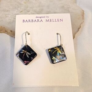 Barbara Mellen Dichroic Glass Black Earrings with Dragonfly Design